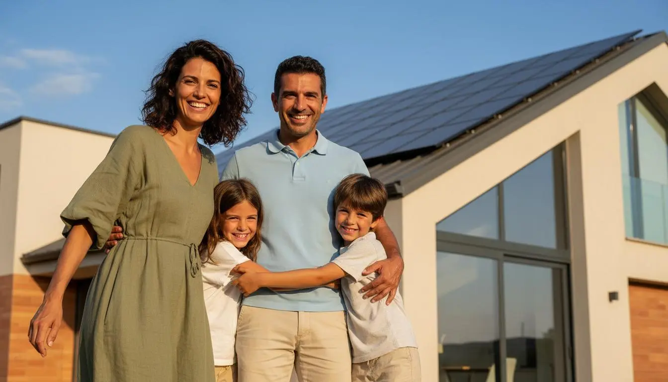 Familia feliz con paneles solares